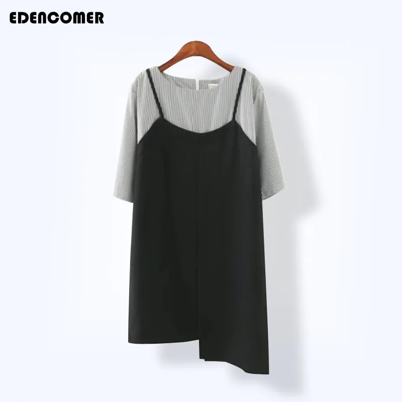 Большой код корейское летнее платье для женщин; Большие размеры с вертикальными полосами Gallus без рукавов женские платья асимметричный подол платья - Цвет: Черный