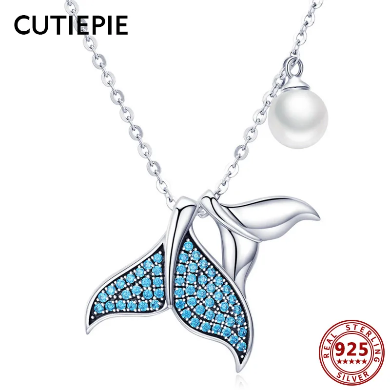 

CUTIEPIE Genuine 925 Sterling Silver Cute Mermaid Tail Pearl Necklace for Women CZ Pendant Necklaces Party Silver Jewelry Gifts