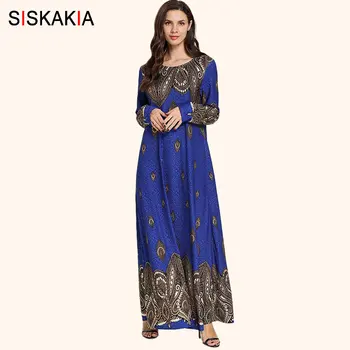 

Siskakia Vintage Ethnic Printing Long Dress Elegant Round Neck Long Sleeve T Shirt Dresses Royal Blue Arabian Clothes Autumn New