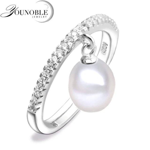 Реальные пресноводного жемчуга, кольца для женщин, белый культивированный жемчуг кольцо стерлингового серебра 925 мама подарок на день рождения белый регулируемая