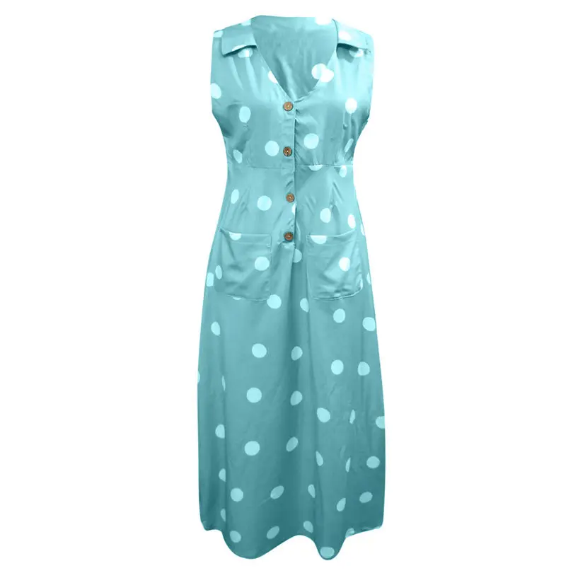 New Women Summer Fashion Elegant Casual Dot Print Boho Dress Turn-down V-neck Dress Button Pocket Bohemian Dress #4A25 (5)