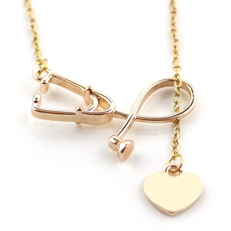 

Gold Silver Rose Gold Black Stethoscope Pendant Heart Necklace Fashion Medical Jewelry Chain Love Pendant Necklace Gift