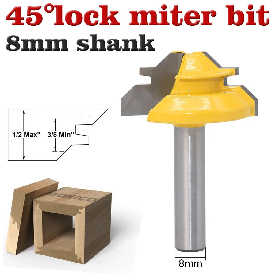 

1PC Small Lock Miter Router Bit Anti-kickback 45 Degree 1/2 Inch Stock 8 Inch Shank Tenon Cutter for WoodworkingTools