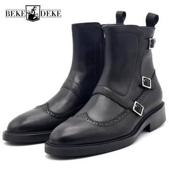 

British Retro Wing Tip Mens Buckle Ankle Boots Top Quality Genuine Leather Male Biker Motorcycle Shoes Punk Military Footwear