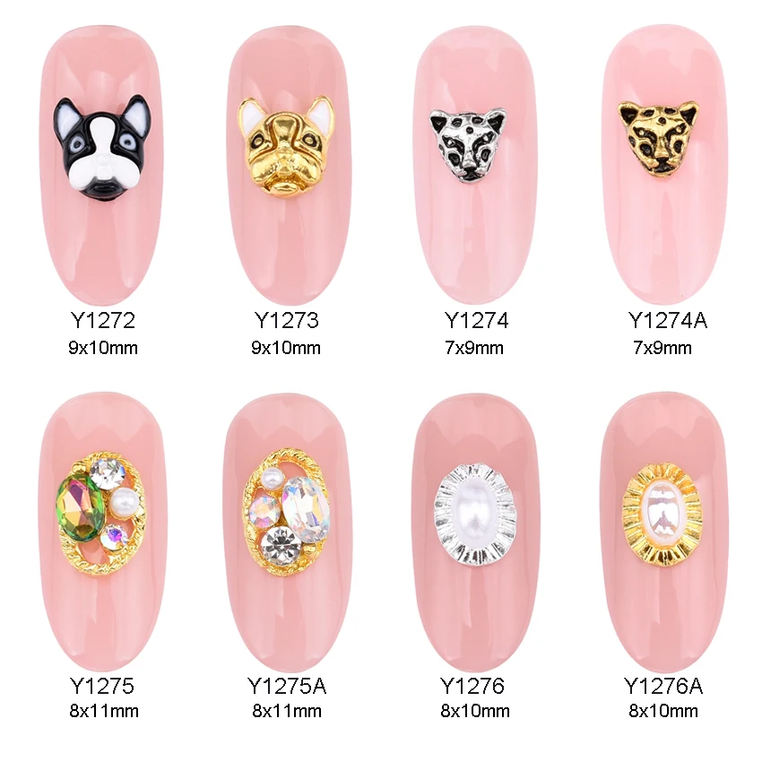 

10pcs animal designs nail decoration charms bulldog leopard gold metal nail art crystal color diamond jewelry Y1272~1276