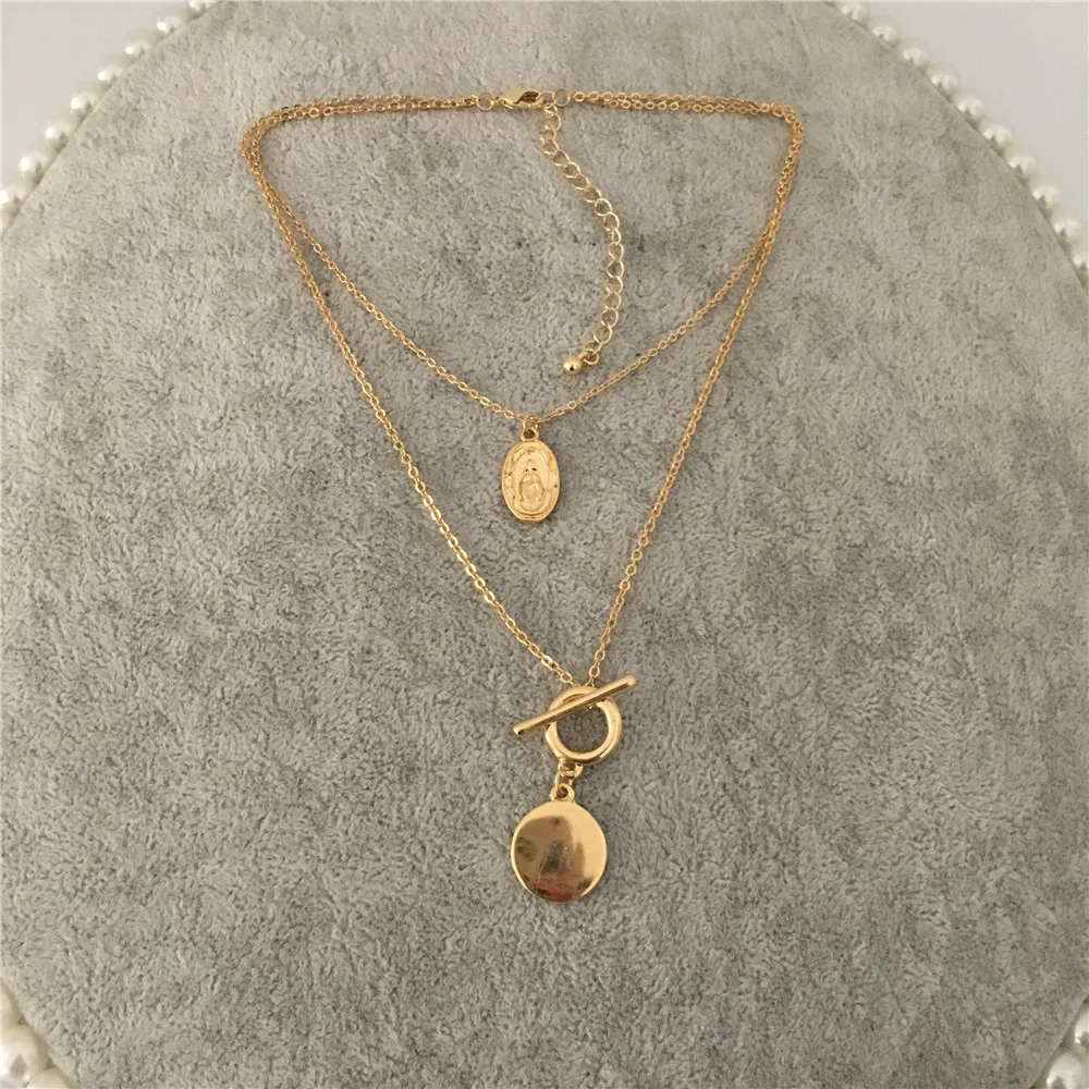 Модный золотой цвет молитва круглый диск Кулон многослойное ожерелье для женщин