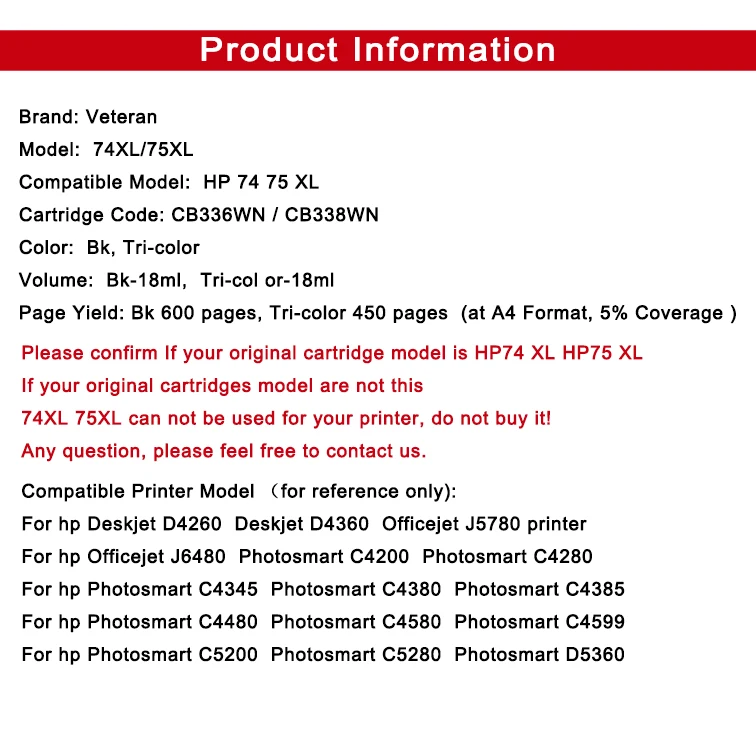 Ветеран 74XL 75XL чернильные картриджи Замена для hp 74 75 hp 74 Photosmart C4200 C4280 C4345 C4380 C4385 C4480 C4580 принтер