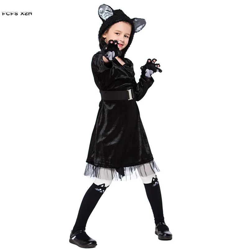 Костюм медведя на Хэллоуин для девочек; детская зимняя Пижама с изображением черного кота; Детские карнавальные вечерние пижамы; платье для сцены