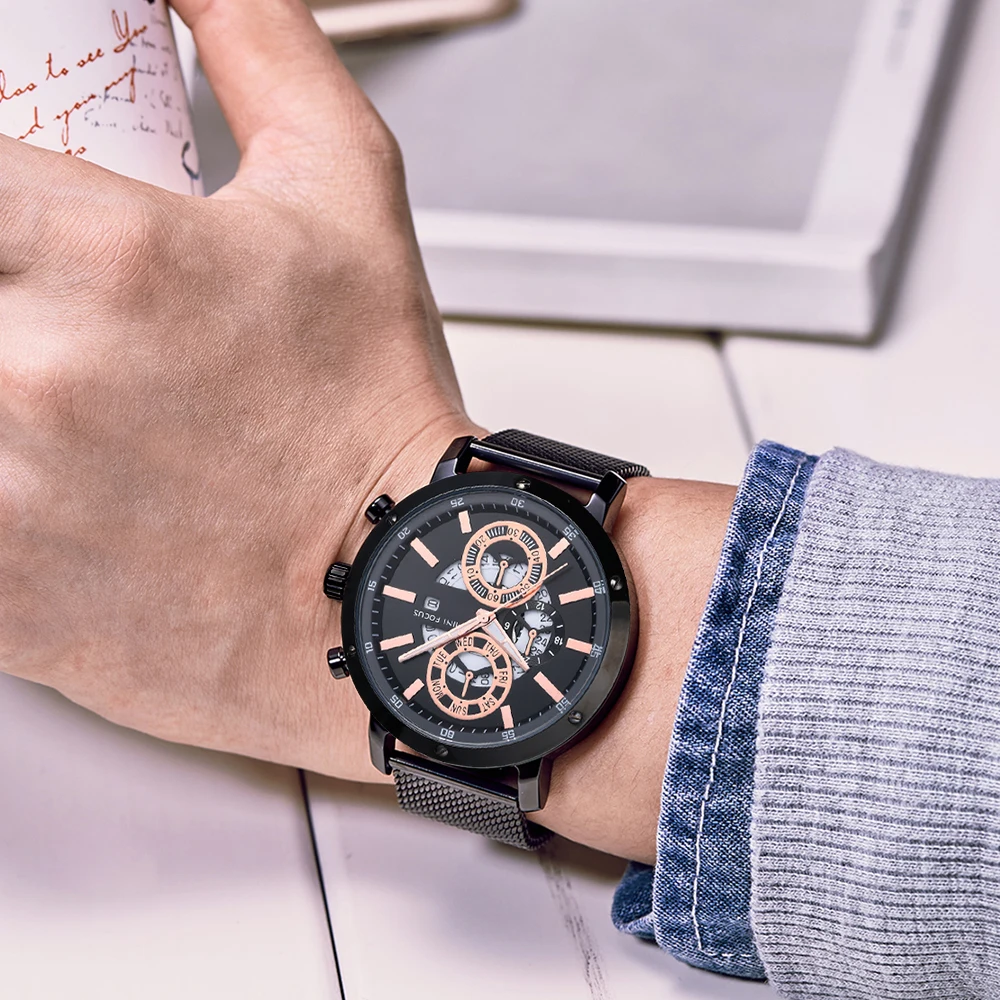 MINIFOCUS повседневные мужские спортивные часы лучший бренд Роскошные Кварцевые часы мужские сетчатый ремешок водонепроницаемые хронограф ультра тонкие наручные часы