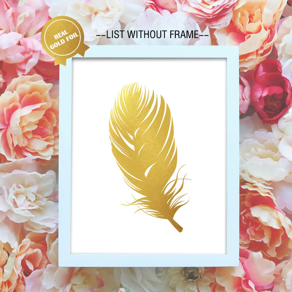 Beautiful Feathers Gold Foil Art Paper Modren Wall Art for Golden Decor