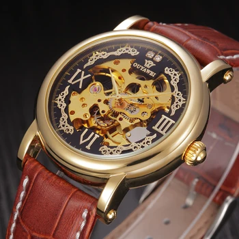 

OUYAWEI Mens Watches Top Brand Luxury Gold Tone Case Skeleton Dial Male Clock Automatic Mechanical Wristwatch bayan kol saati
