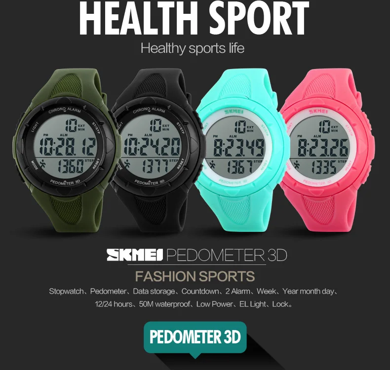 SKMEI Running Sports Wristwatches Women Pedometer LED Digital Watches 50M Waterproof Alarm Calendar Watches 1108