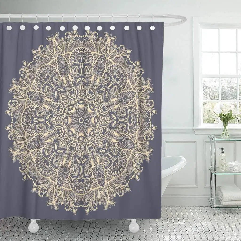 

Fabric Shower Curtain Hooks Mandala Circle Spiritual Indian Symbol Lotus Flower Round Ornamental Lace Pattern Decorative