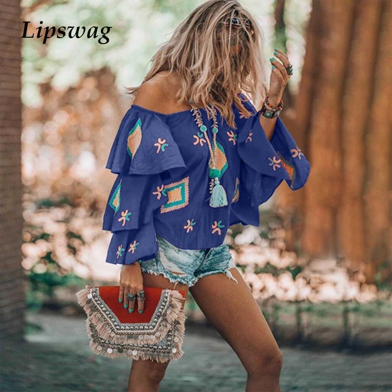 

Lipswag 3XL Sexy Off Shoulder Printed Blouse Women Double Ruffles Flare Sleeve Blouse Shirt Slash Neck Blusas Tops Plus Size