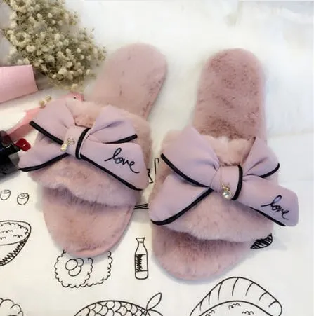 

fur flip flops sweet lace bow fur slides women designer winter sandals warm and cozy home slippers with flower