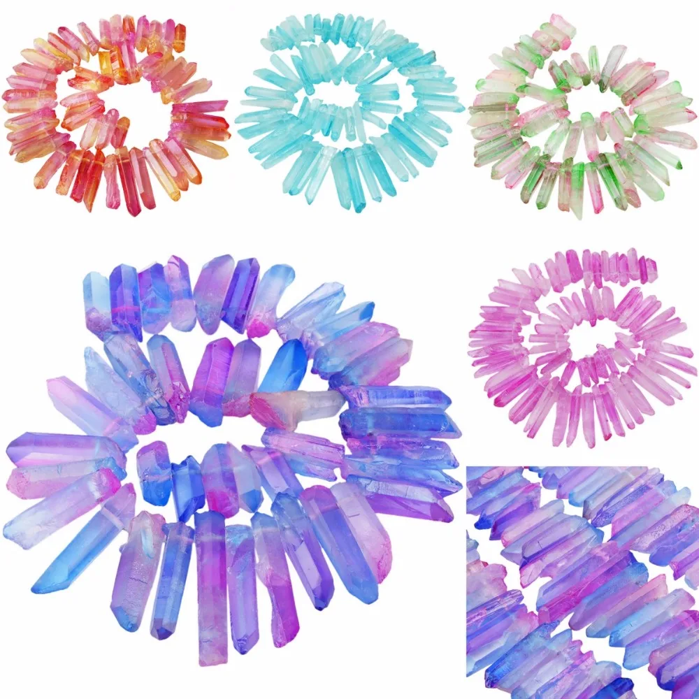 

TUMBEELLUWA Natural Titanium Coated Crystal Points Drilled Sticks Bars 15 inch Strand