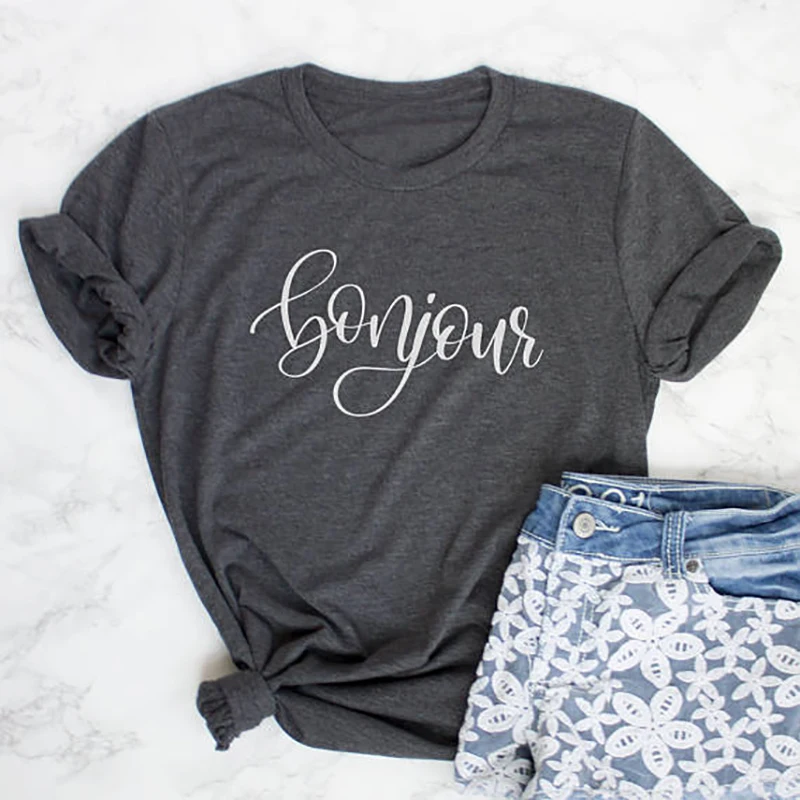 

Summer Tops Women Clothing T Shirt Cotton Bonjour Shirt Hello Shirt Heather Grey Plus Size TShirt Tee Shirt Femme Tshirts XS-3XL