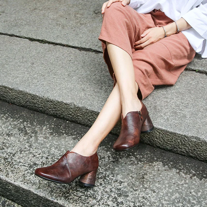 

Women 6 CM High Heels Genuine Leather Lazy Shoes Women Autumn Leather Pumps Coffee Handmade Retro Shoe For Women 2018 Slip On