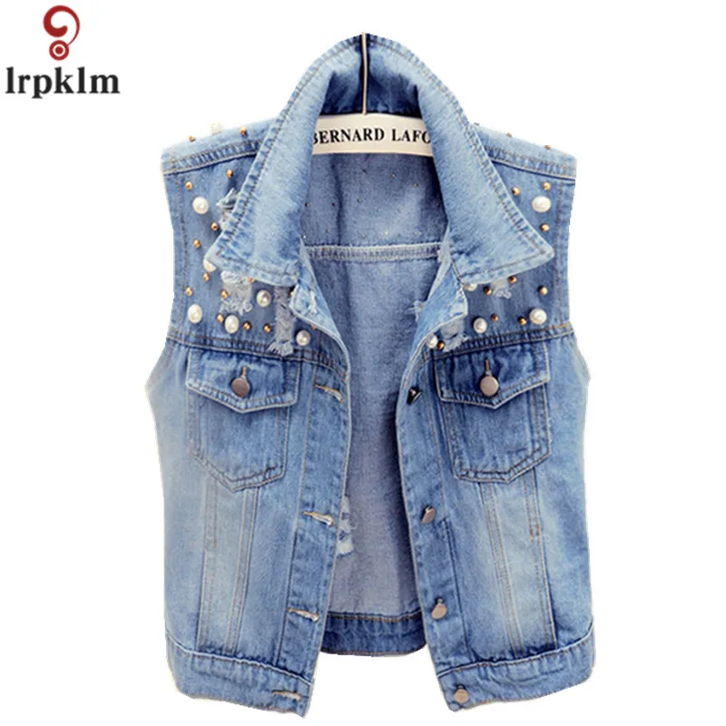 Women's Sleeveless Jacket Beaded Denim Vest Short Vintage Vest Summer Thin Fashion Streetwear