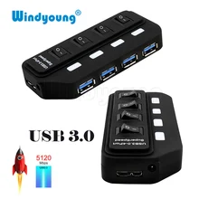 Windyoung USB 3,0 концентратор USB-A до 4 портов USB3.0 с СВЕТОДИОДНЫЙ Переключатель ВКЛ/ВЫКЛ дополнительный DC 5 в блок питания USB разветвитель адаптер для мыши ПК