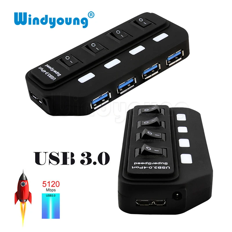 

Windyoung USB 3.0 HUB USB-A To 4 Port USB3.0 With LED On/Off Switch Extra DC 5V Power Supply USB Splitter Adapter For PC Mouse