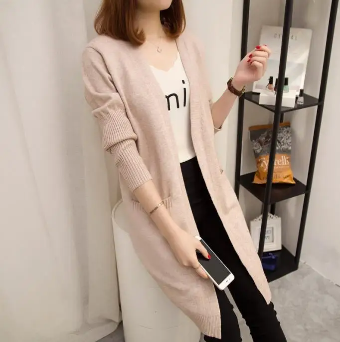 Apricot Модные женские кардиганы, осенне-зимний теплый Свободный вязаный жакет с карманами, свитера, пальто, Дамский элегантный длинный кардиган SF871 - Цвет: Apricot