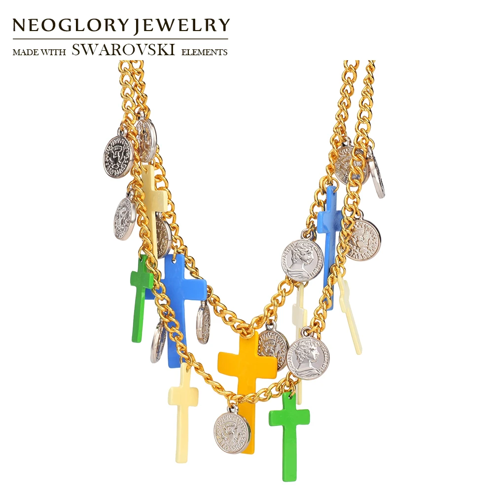 Neoglory Enamel Bohemian Chain Necklaces Light Yellow Gold Colorful Classic Statement Crosses Religious Charm For Women | Украшения и