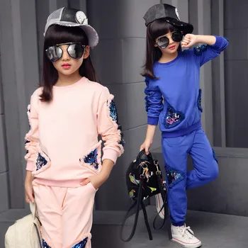 

New Design Girls Spring Autumn Children's Sets Sequin Pullover T-shirt And Pant 2 Piece Sets School Sport Casual Suit Sets