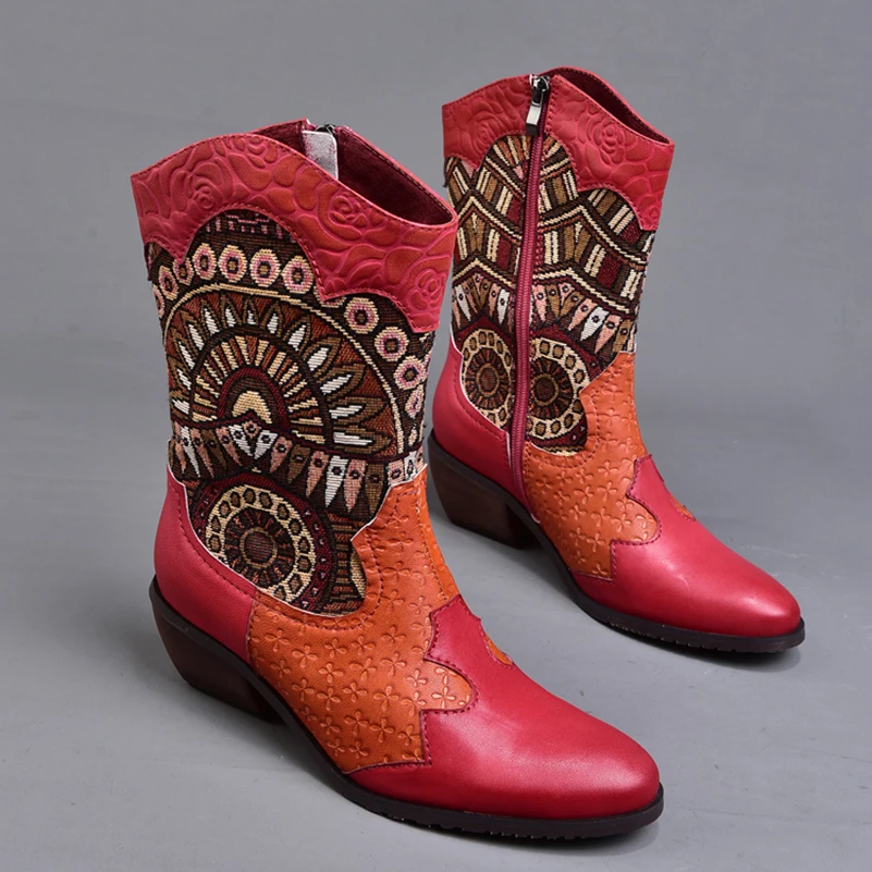 Дизайн; коллекция года; сезон осень-зима; новые ботинки до середины икры; Женская обувь в богемном стиле из натуральной кожи; ботинки в стиле ретро с круглым носком