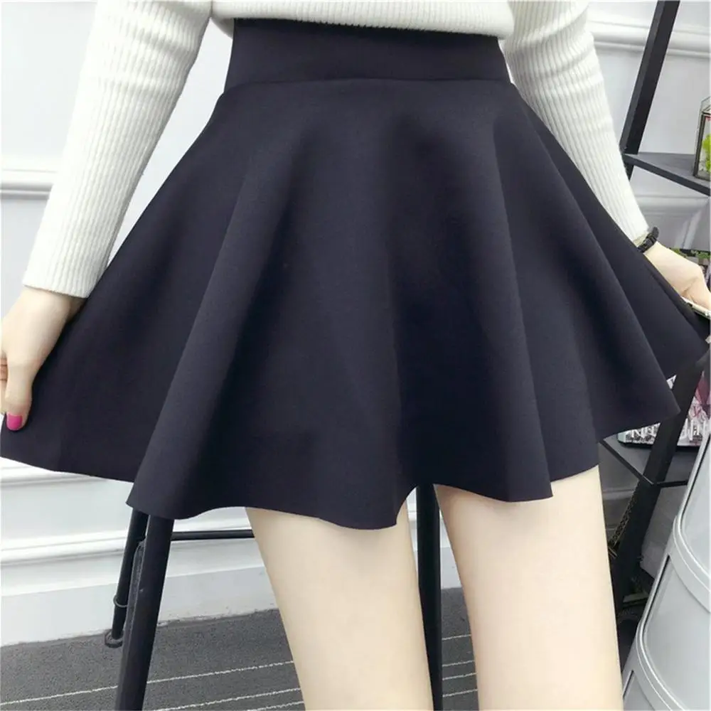 Однотонная женская плиссированная мини-юбка с высокой талией, тянущаяся большая свободная юбка для женщин и девушек, длина выше колена, легко сочетающаяся - Цвет: black