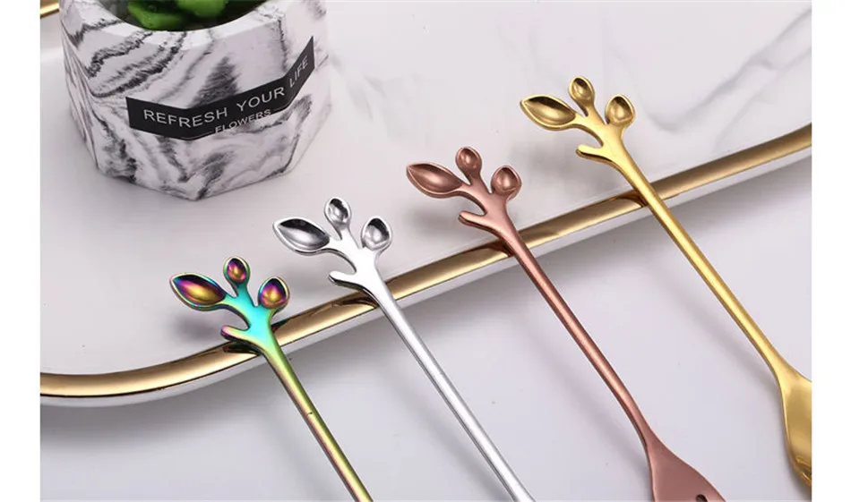 Creative Stainless Steel Fork Spoon Leaf Shape Handle Coffee Cake Dessert Ice Cream Forks Spoons Glossy Household Tableware 1pcs