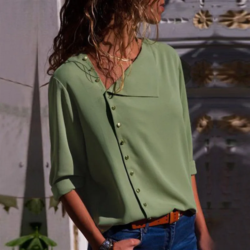 Solid Button Blouse Elegant Casual Long Sleeve Oblique Collar Shirt Office Women's Femme Blouses Ladies Blusas 2018 Fashion New Blouses
