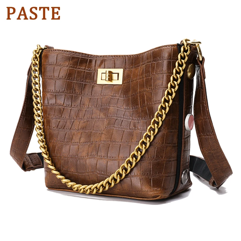 

PASTE New Genuine Leather Messenger Bags for Women 2019 Brands Designer Retro Chain Shoulder Bags Small Bucket Bag Two Straps