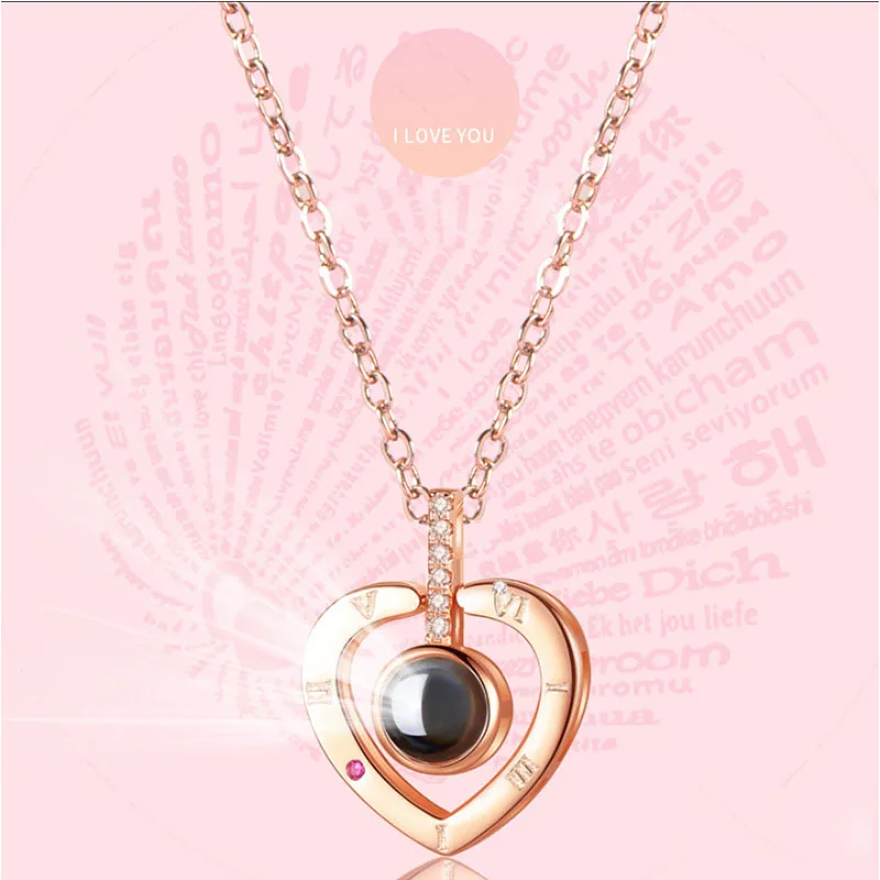 

Rose Gold&Silver 100 languages I love you Projection Women Heart Pendant Necklace Romantic Love Memory Wedding Necklace A203
