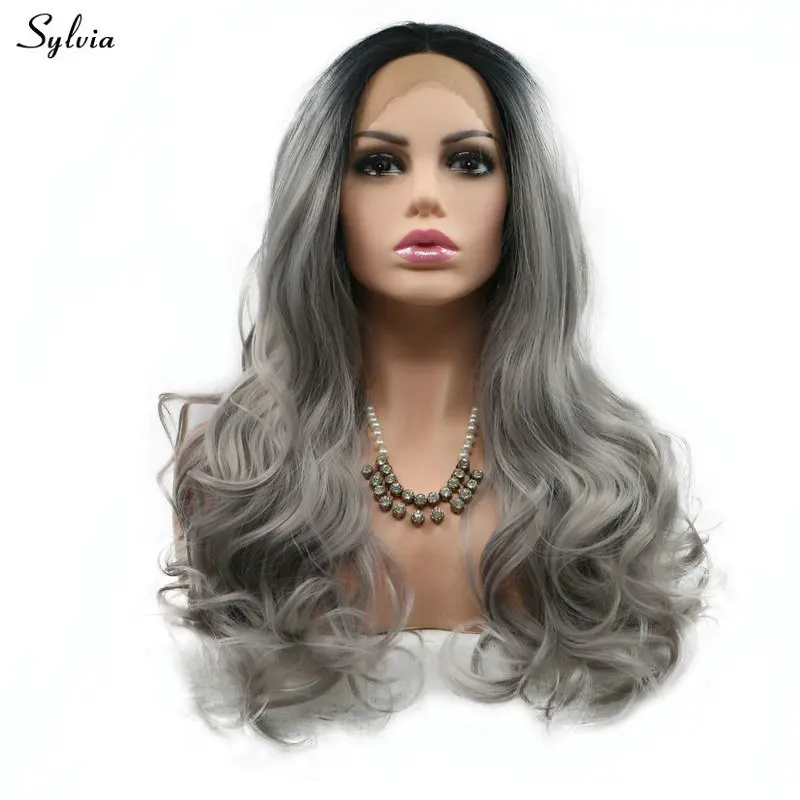 Sylvia Gray Wig High Temperature Synthetic Lace Frontal Wigs Dark Roots Ombre Grey Body Wave