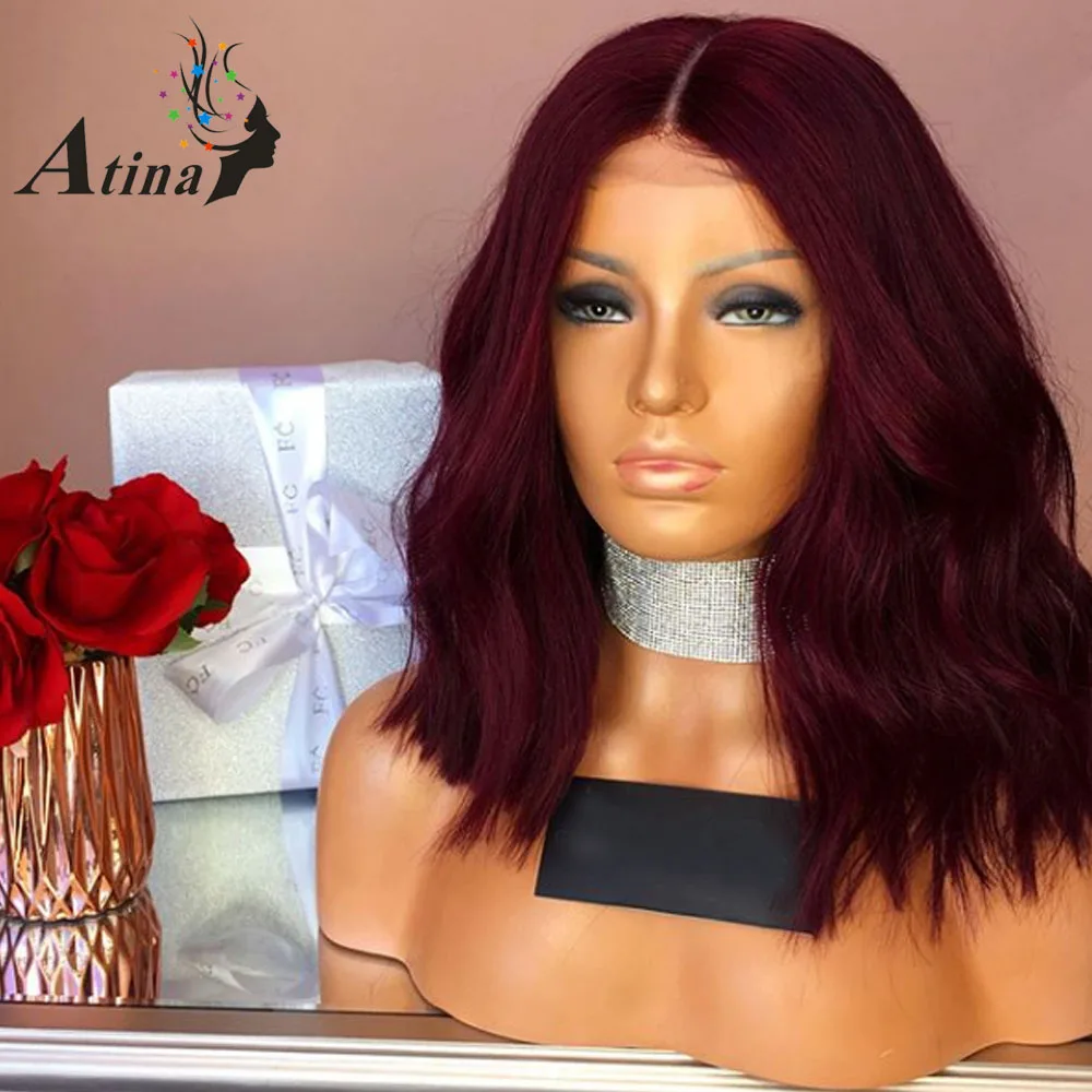 99J Red Human Hair Short Bob Wig Natural Wave Lace Wigs Pre