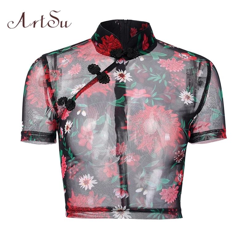 

ArtSu Chinese Style Vintage Tshirt Floral Printed Transparent Sexy Mesh Crop Top 2019 Black Tee Shirt Summer Tops ASTS20857