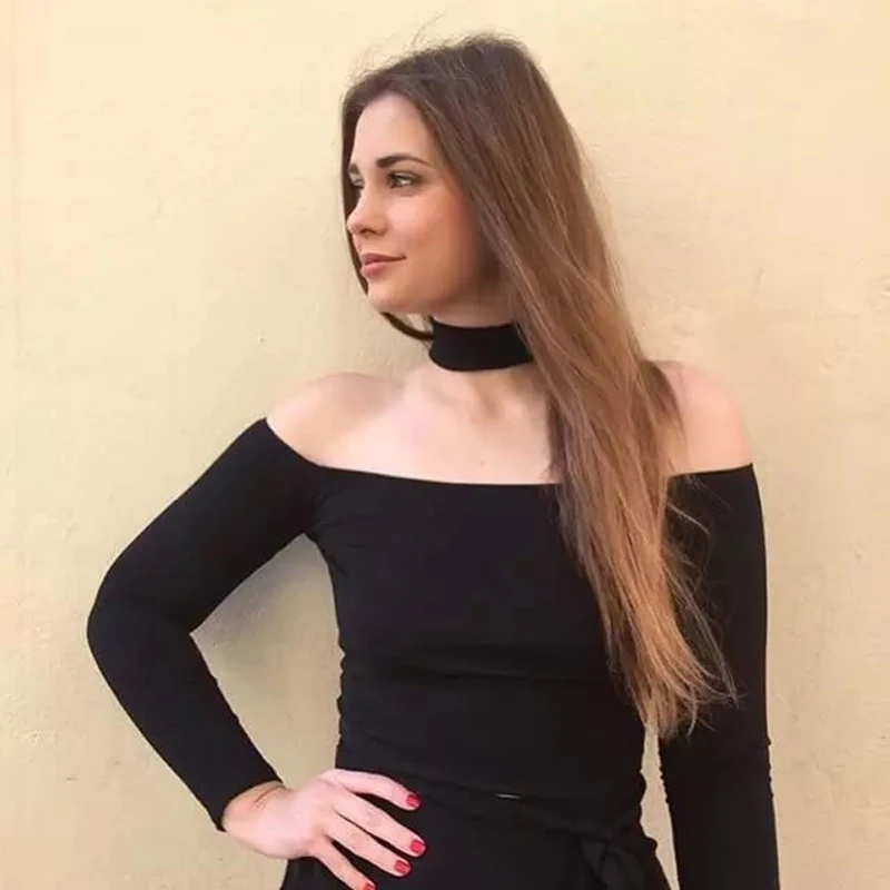 

JSMY New Sexy Women Halter Neck Choker Collar Long Sleeves Tight Short T-shirt Two Wearing Fashion Slim Top