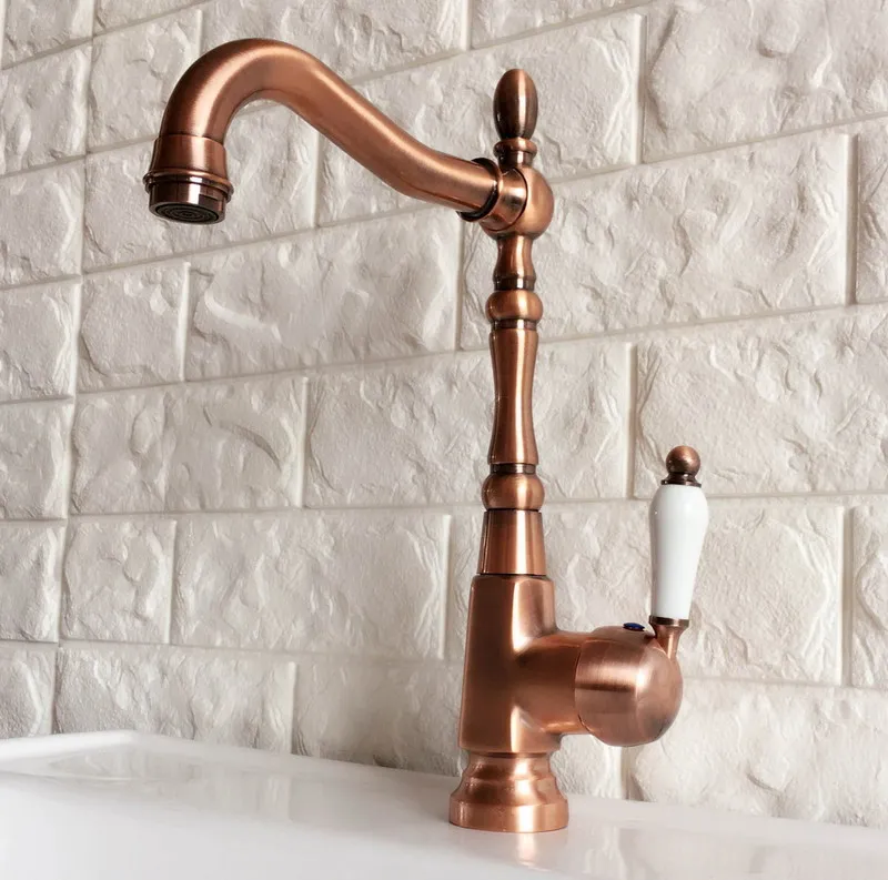 Antique Red Copper Brass Bathroom Kitchen Basin Sink Faucet Mixer Tap Swivel Spout Single Handle One Hole Deck Mounted mnf416