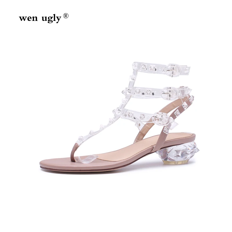 

wen ugly 2018 new white wedding shoes transparent crystal shoes rivet sandals ladies summer open toe shoes jelly shoes
