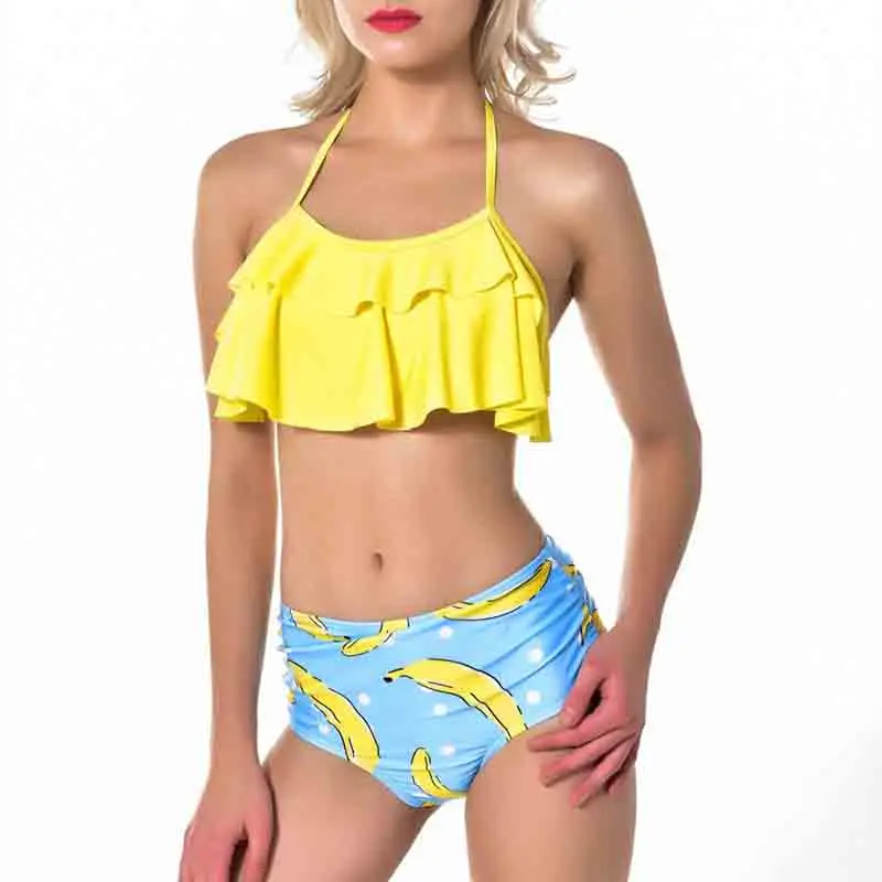 Купальники Для женщин печати Бикини купальники с завышенной талией оборками бикини для плаванья костюм для женские купальники - Цвет: Цвет: желтый