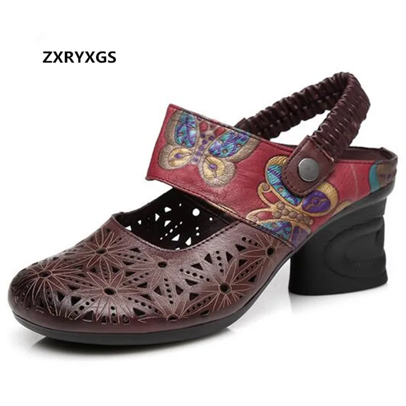 

2019 Newest Hollow Printing Cowhide Leather Sandals Fashion Shoes Woman Thick and Soft Bottom Spell Colors Summer Women Sandals