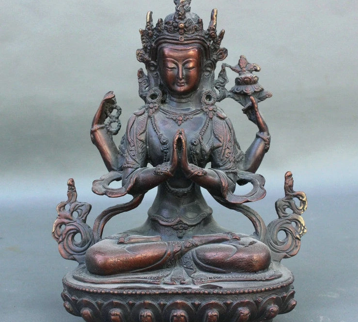 

9" China Buddhism Bronze Sit Lotus 4 Arms Kwan-yin Guanyin Buddha Goddess Statue
