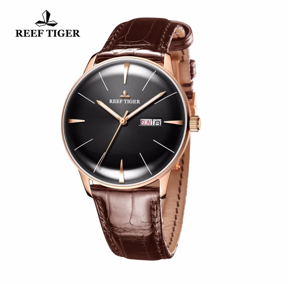 Мужские часы с автоподзаводом Reef Tiger/RT выпуклые линзой коричневым кожаным