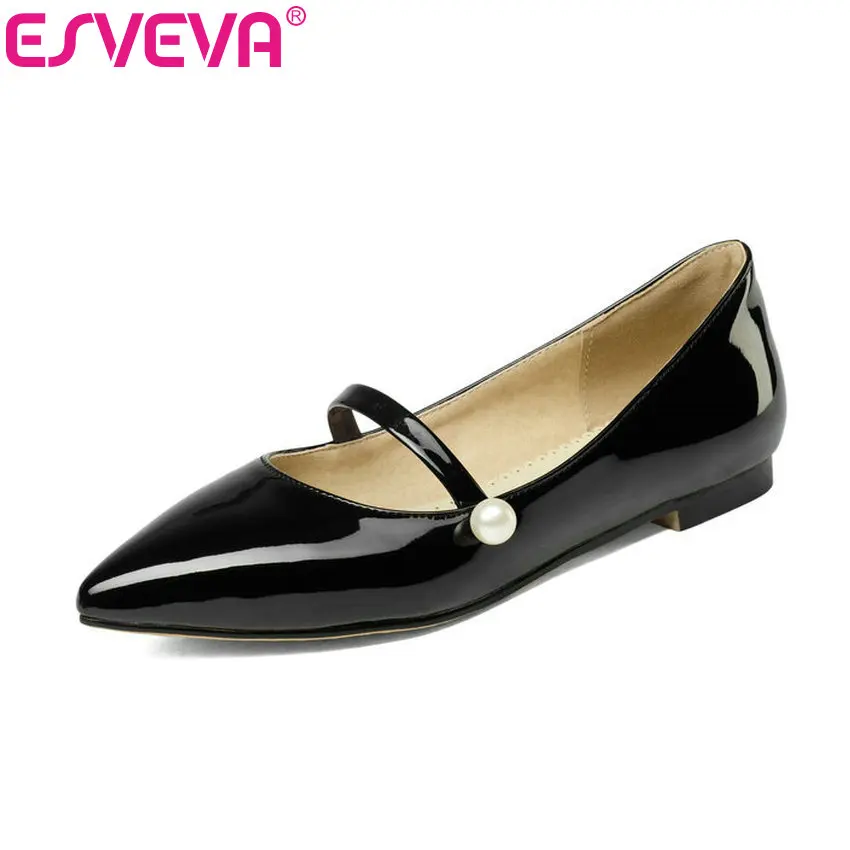 

ESVEVA 2017 Patent Leather Square Low Heel Woman Pumps Pointed Toe Spring Women Shoes PU Wedding /dating Shoes Big Size 34-43