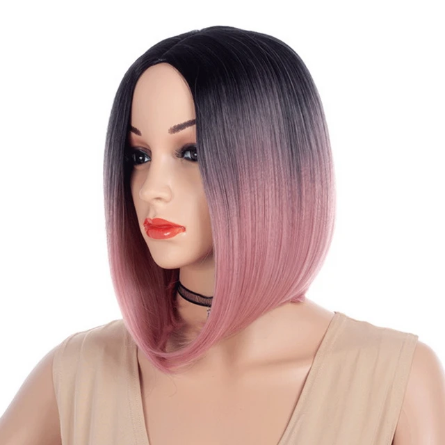 12inch Middle Part Straight Black Grey Ombre Bob Wig Synthetic Hair Two Tone Pink Red Green Blue Short Woman Wigs