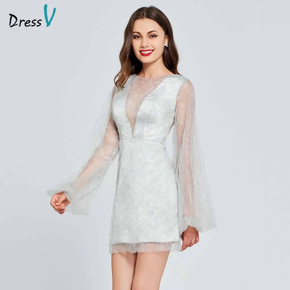 Dressv silver cocktail dress scoop neck long sleeves elegant button