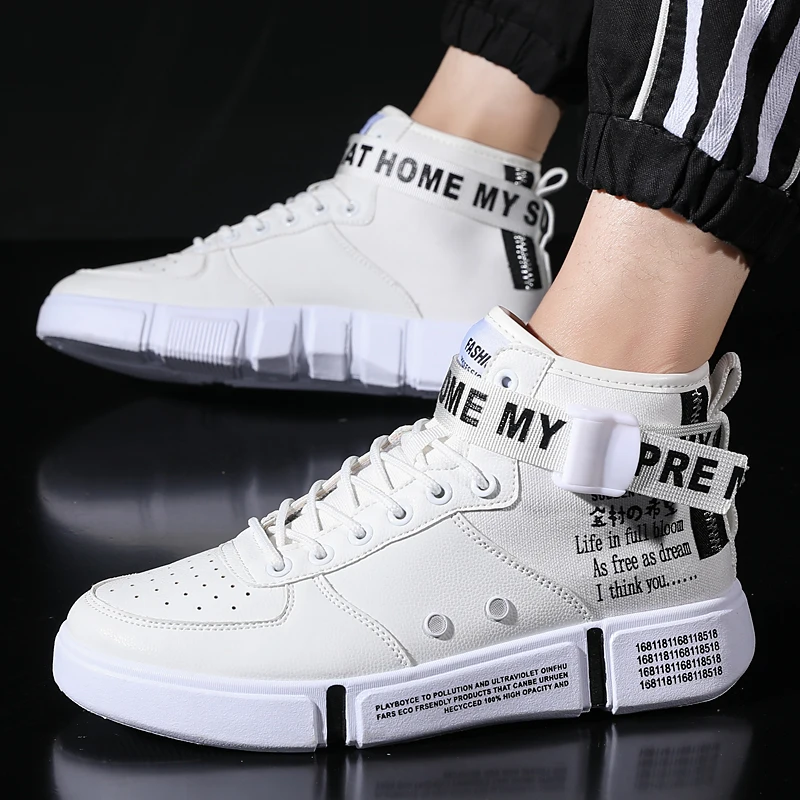 

SHARPCLAW Men Vulcanized Shoes Casual Flat Sneakers PU Leather Casual Flat Men Shoe Fashion Letter Element High Top Men Footwear