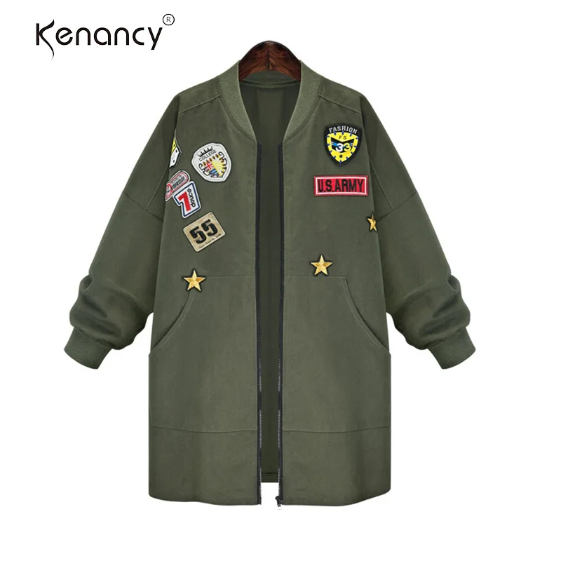 Bomber Automne Badges Imprimer 5xl Manteaux Femmes Long Green Jecket Arrivée Baseball Outwear army Plus Taille Kenancy Black Nouvelle Zipper Patché Mode 3d qEwFIFf