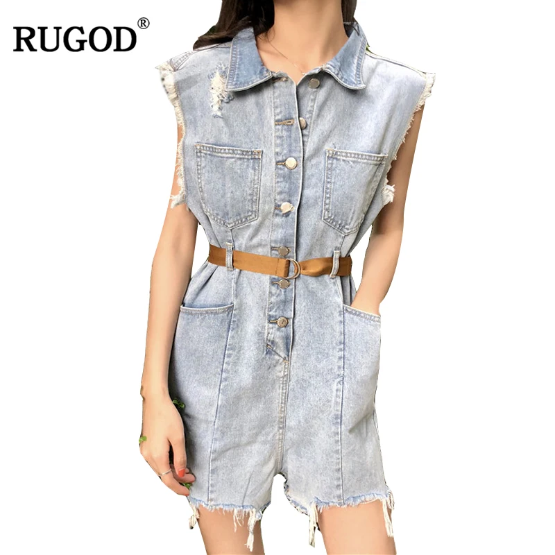 

RUGOD 2018 Summer Vintage Belted Denim Jumpsuit Romper Women Casual Sleeveless Frayed Tassel Bodysuit Women Overalls Streetwear